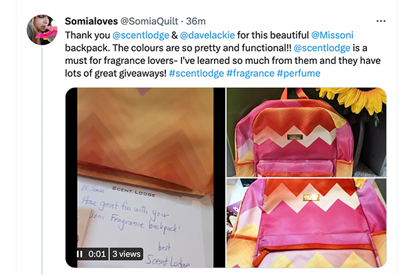 Somia from Ontario won this beautiful Missoni Parfums backpack